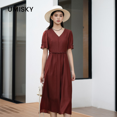 umisky优美世界专柜同款夏季V领泡泡袖收腰莱赛尔连衣裙SM2D2873