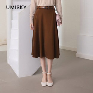 umisky优美世界冬季 气质简约高腰中长a字半身裙NK4H1956