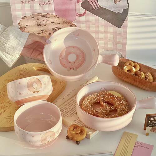 甜甜圈陶瓷餐具新款高颜值手柄碗家用一人食可爱饭碗泡面碗烤碗