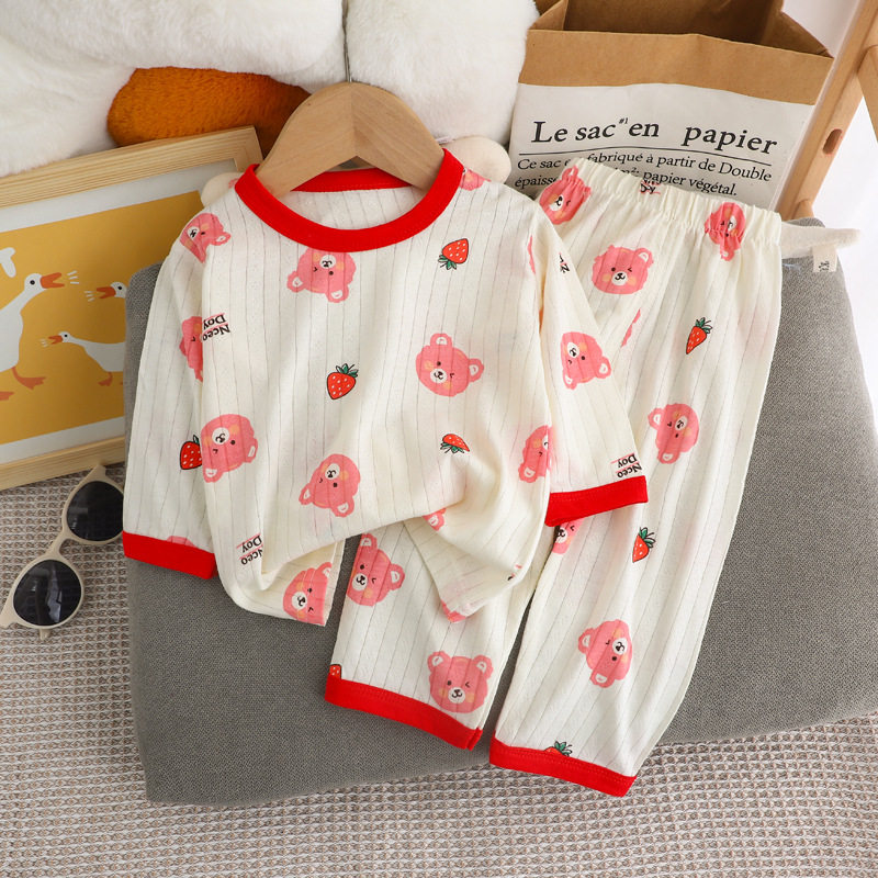 여름 아동용 9부 소매 바지 가정복 세트 봄 가을 면 자카드 속옷  용 얇은 잠옷 잠옷 에어컨