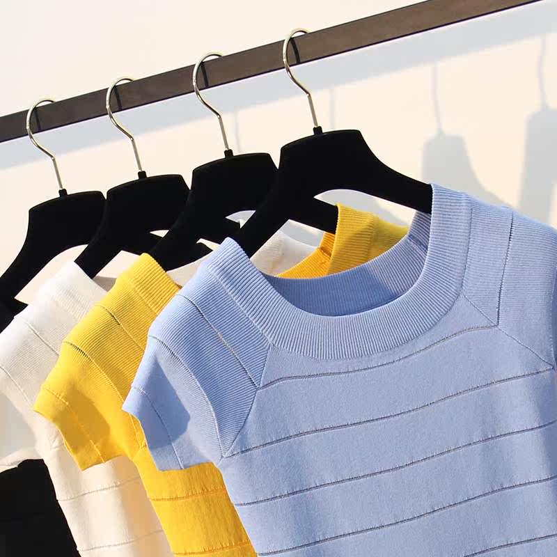 夏季新款韩版纯色冰丝短袖t恤女修身镂空百搭紧身针织衫打底上衣在类目 女装/女士精品, T恤中 - 来自Buy2taobao.com提供专业的淘宝代购服务