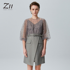Z11女装 夏季新款材质拼接竖条纹亮片点缀通勤透视连衣裙