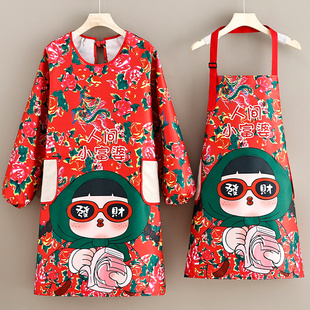 国风东北大花围裙罩衣厨房家用长袖 女 防水防油工作服餐饮专用时尚