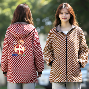 时尚短款格子加绒罩衣秋冬保暖双拉链长袖上班外穿工作服男女同款