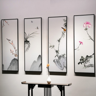 纯手工苏绣梅兰竹菊淡雅茶室书房四联刺绣装 饰画蚕丝线可定制挂画