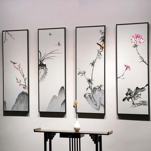 纯手工苏绣梅兰竹菊四联刺绣画