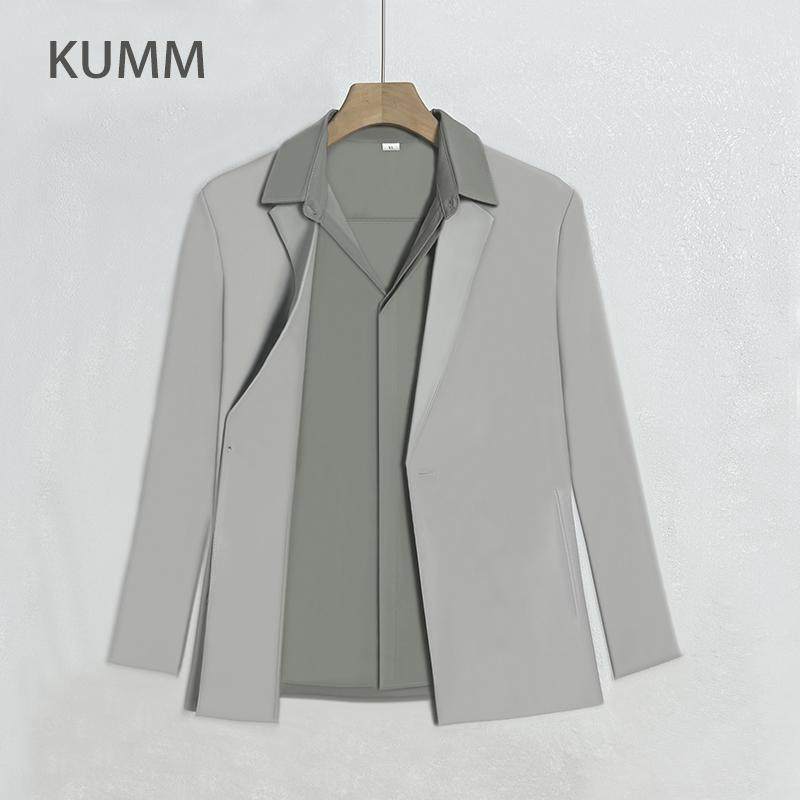 休闲痞帅便服单西小西服外套男秋冬新款单纽扣浅灰色小香风外套