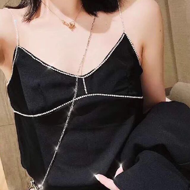 欧货 性感V领 时髦超闪buling链条黑色雪纺背心桑蚕丝吊带上衣女