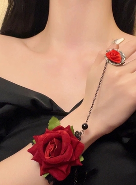 复古哥特式仿宝石水滴项链玫瑰花朵颈链蕾丝假领子饰品