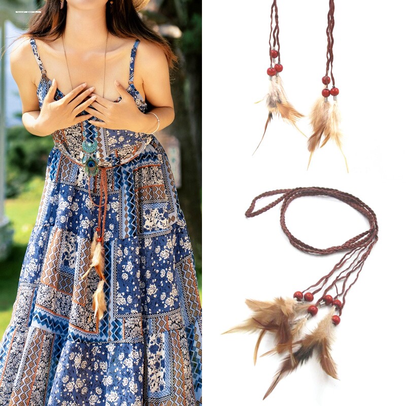 夏季百搭编织腰绳女士民族风连衣裙子装饰细腰带打结皮带流苏腰链