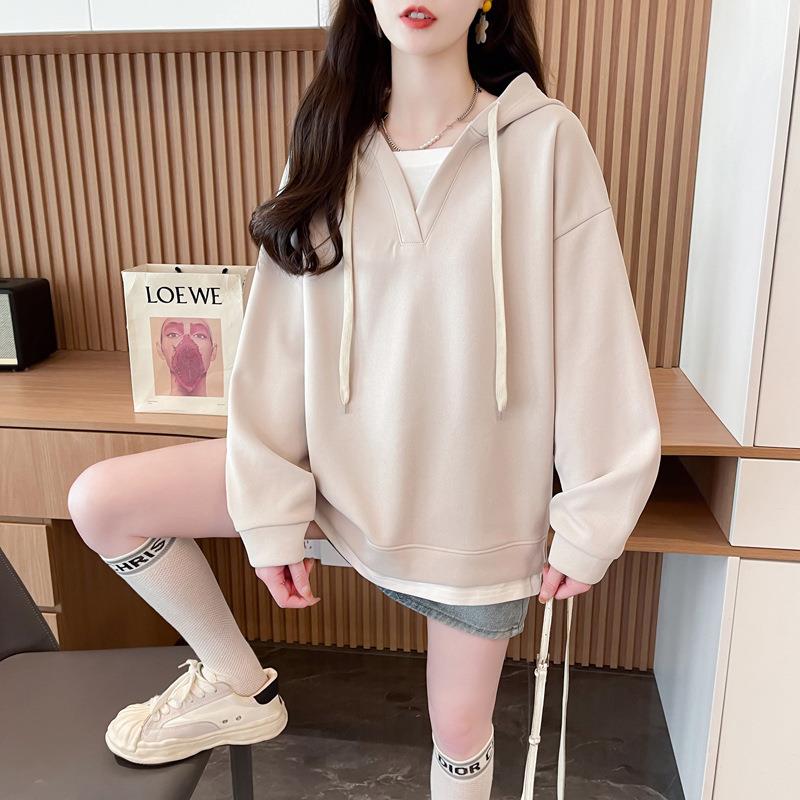 新款假两件连帽卫衣女美式复古拼接设计感洋气宽松中长款上衣