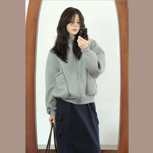 美式复古灰色小个子连帽卫衣外套女秋冬季2024年新款爆款棒球服