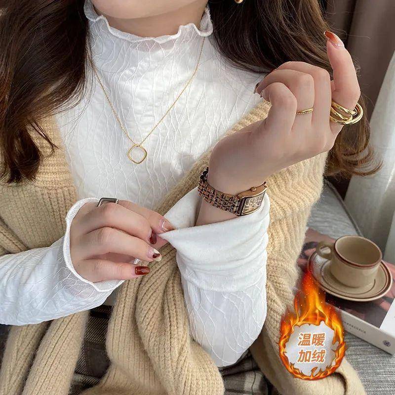 木耳边半高领蕾丝加绒打底衫女纱衣春秋冬新款洋气内搭小衫上衣潮