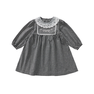 cutebunny2024春装新款女宝宝纯棉黑格子连衣裙儿童洋气公主裙子