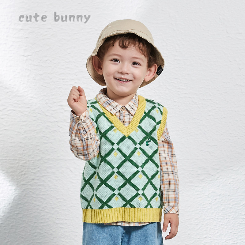 cutebunny2024春装新款男女童针织毛衫婴儿洋气宝宝外穿格子马甲