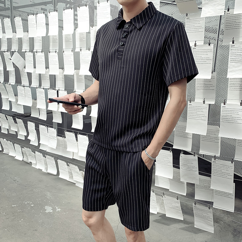 夏季套裝男士2021條紋短褲套裝