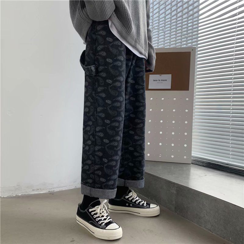 Cashew flower jeans men's straight tube loose youth versatile trend casual long pants fashion brand high street