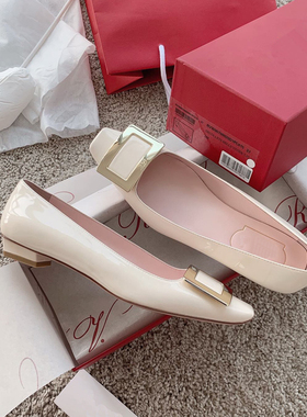 RV单鞋女2026新款女鞋春夏百搭中高跟小皮ins方头浅口方扣粗跟