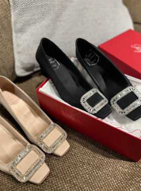 rv方扣 巴黎晚宴~丝绸缎水钻方扣浅口中跟方头单鞋女婚鞋粗跟