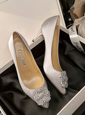 Royeer Viuoar MB尖头雪花扣水钻真丝绸缎婚鞋单鞋女细高跟鞋名媛