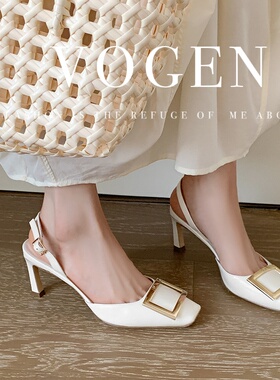 重磅自留！巨好看~！RV方扣水钻漆皮包头凉鞋真皮后绊带高跟鞋女