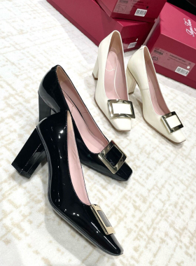 Royeer Viuoar 经典RV女鞋高跟金属扣漆皮单鞋粗跟ol通勤浅口方扣