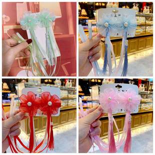 古风公主女童汉服仙女发夹珍珠流苏边夹碎发刘海发卡彩色飘带头饰