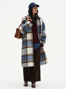 Septhouse 美式复古蓝格纹大衣秋冬新款时尚百搭中长款毛呢外套