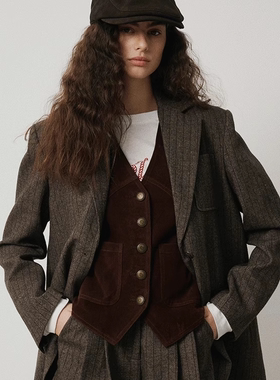 Septhouse 复古气质深棕竖条纹羊毛西装+短裤休闲套装 秋冬新品