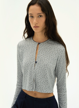 Septhouse 灰色碎花两粒扣长袖开衫休闲打底上衣 纯棉百搭短款T恤