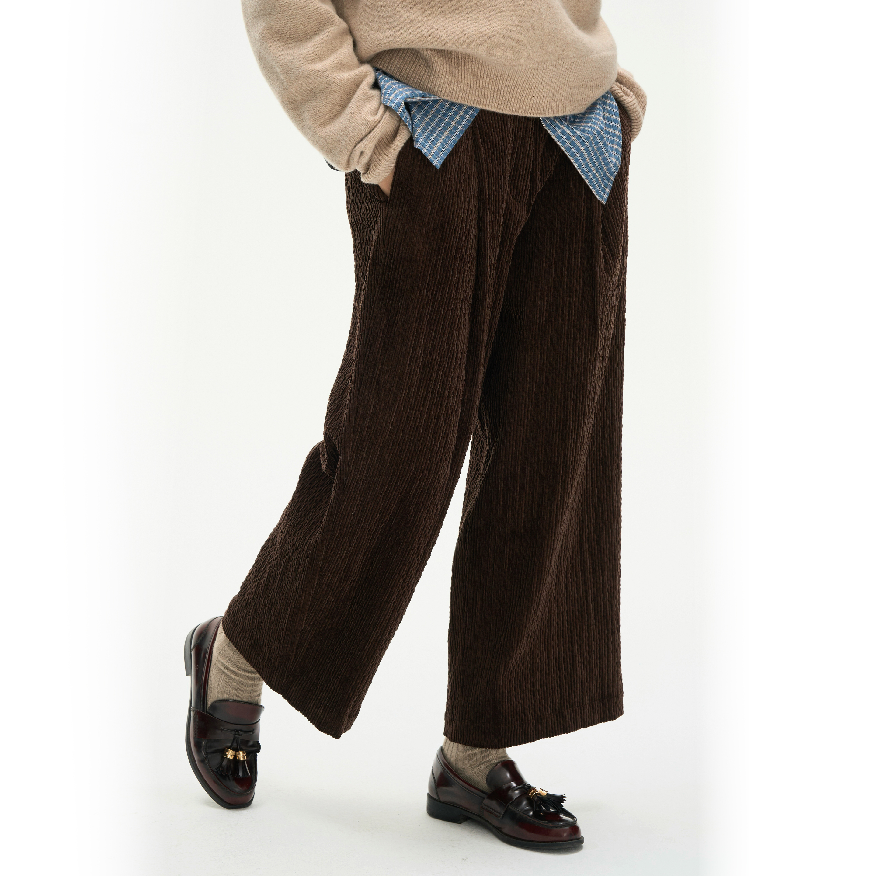棕色灯芯绒九分裤直筒阔腿裤