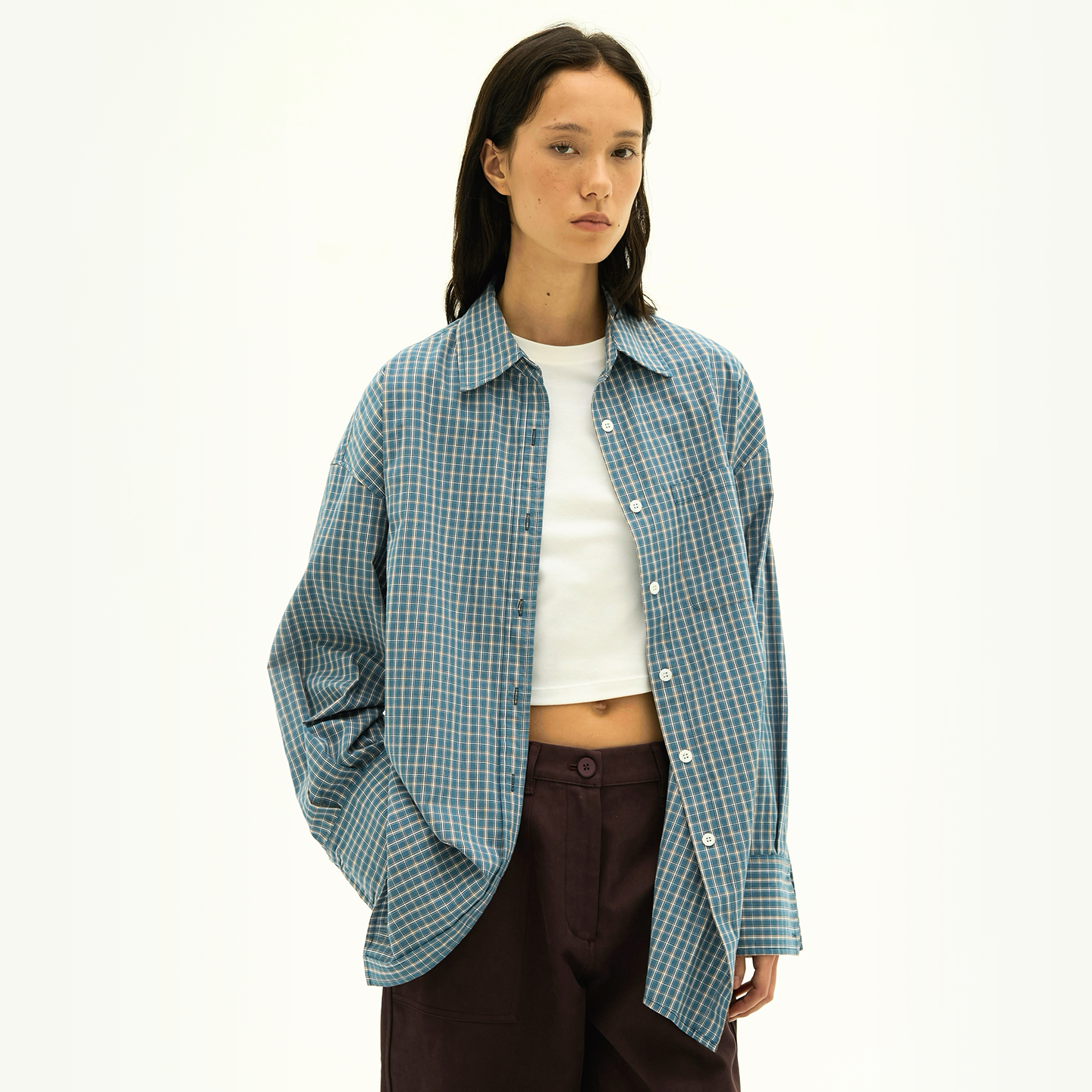 Septhouse 复古正肩蓝色格子衬衫外套早秋新款气质宽松长袖衬衣女