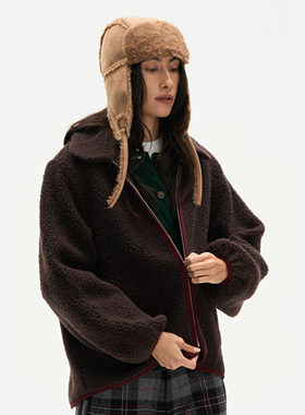 Septhouse 深紫色休闲羊毛摇粒绒翻领外套女冬季宽松保暖抓绒衣