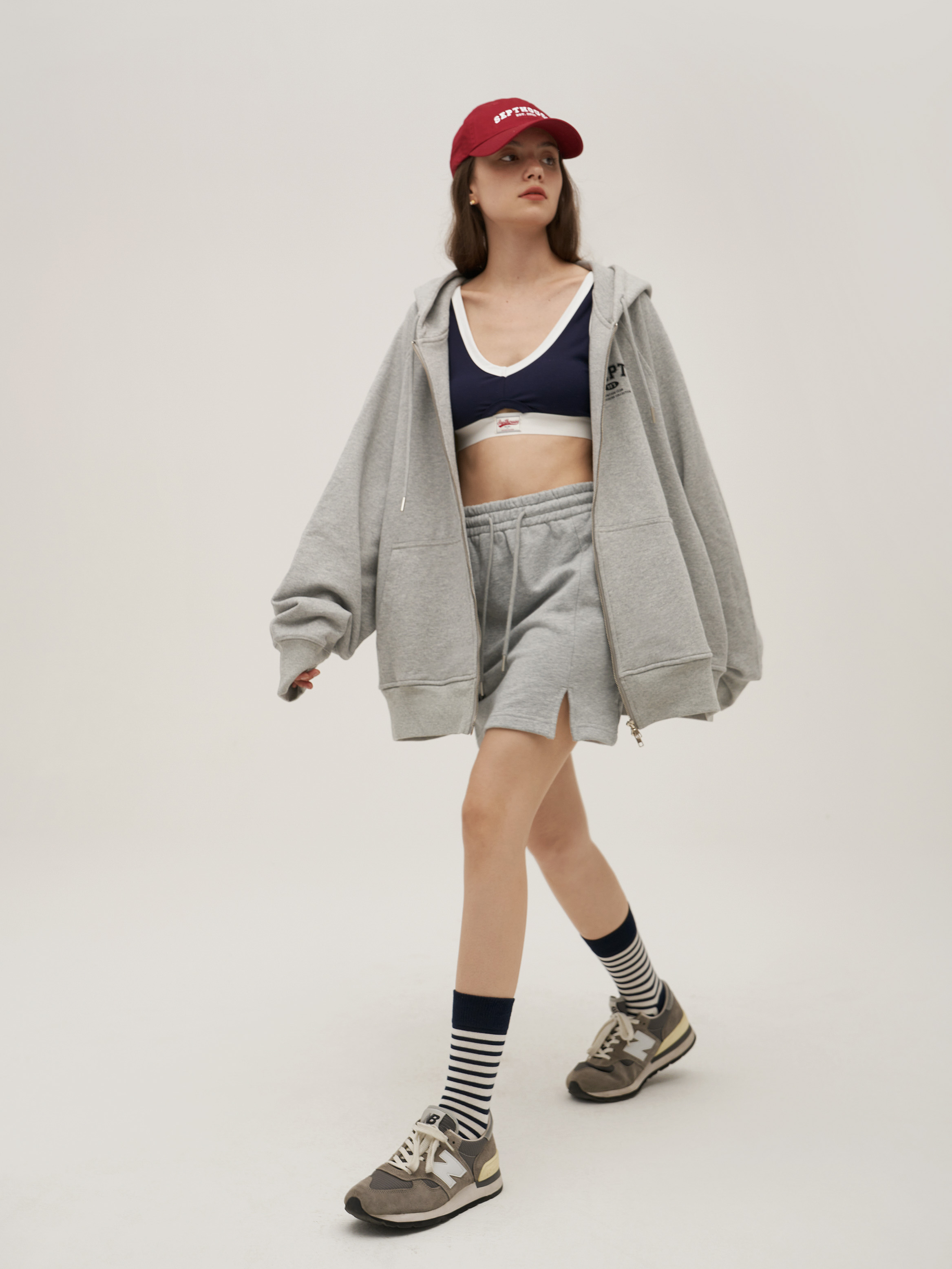 Septhouse 学院灰色拉链连帽卫衣外套运动 一字短裙半身裙套装