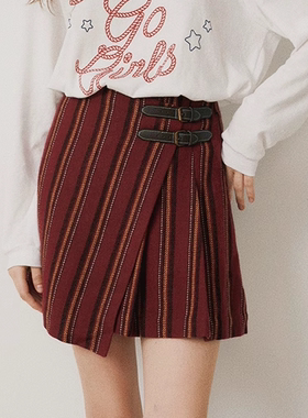 Septhouse 复古酒红条纹皮扣羊毛呢短裙女 秋冬新品