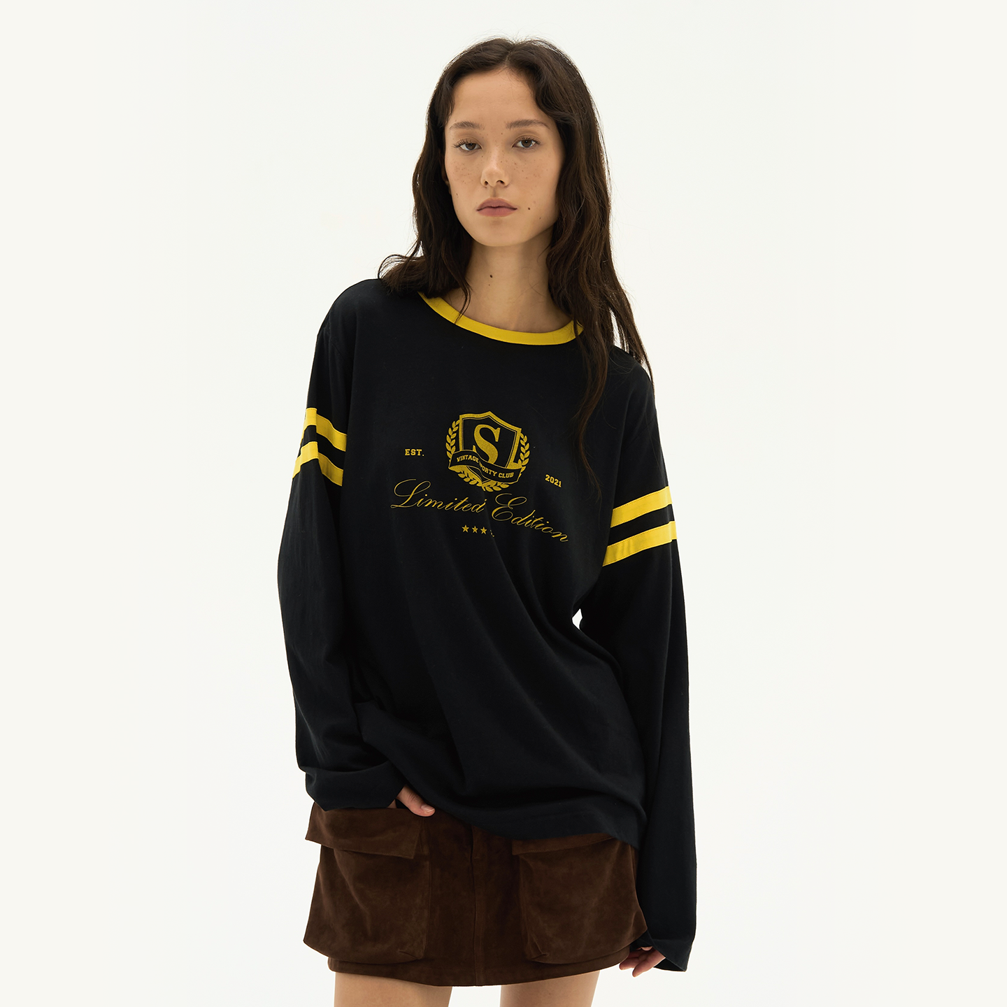 Septhouse 时髦撞色学院风字母印花黑色T恤宽松百搭长袖上衣TEE