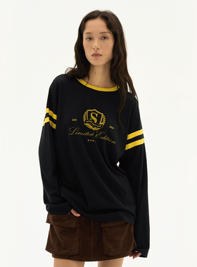 Septhouse 时髦撞色学院风字母印花黑色T恤宽松百搭长袖上衣TEE