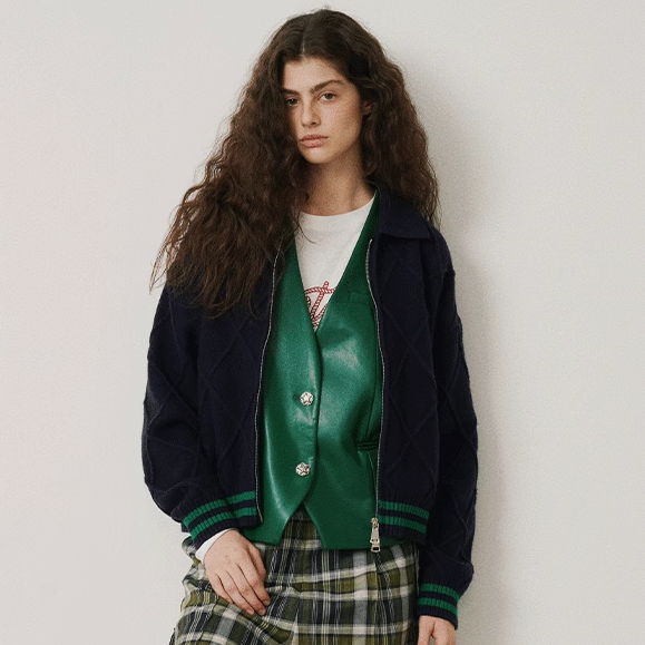 菱格纹羊毛毛衣polo领拉链外套