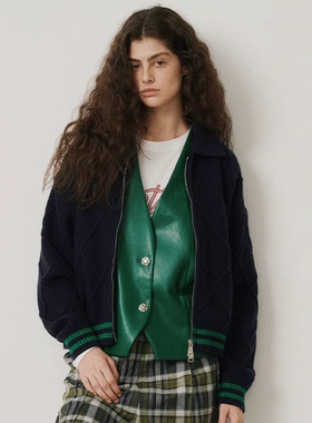 Septhouse 学院翻领菱格纹毛衣拉链外套羊毛开衫 2色