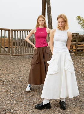 Septhouse 工装风口袋A字半身裙休闲运动伞裙 咖色／白色