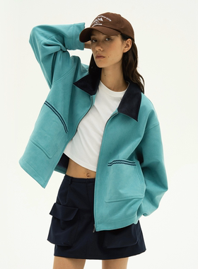 Septhouse 撞色翻领麂皮绣花口袋夹克上衣通勤高级感宽松外套