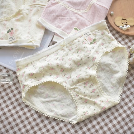 胭脂玫瑰 布目鱼A类纯棉内裤女小碎花女生7A抗菌小香风中腰全棉裆