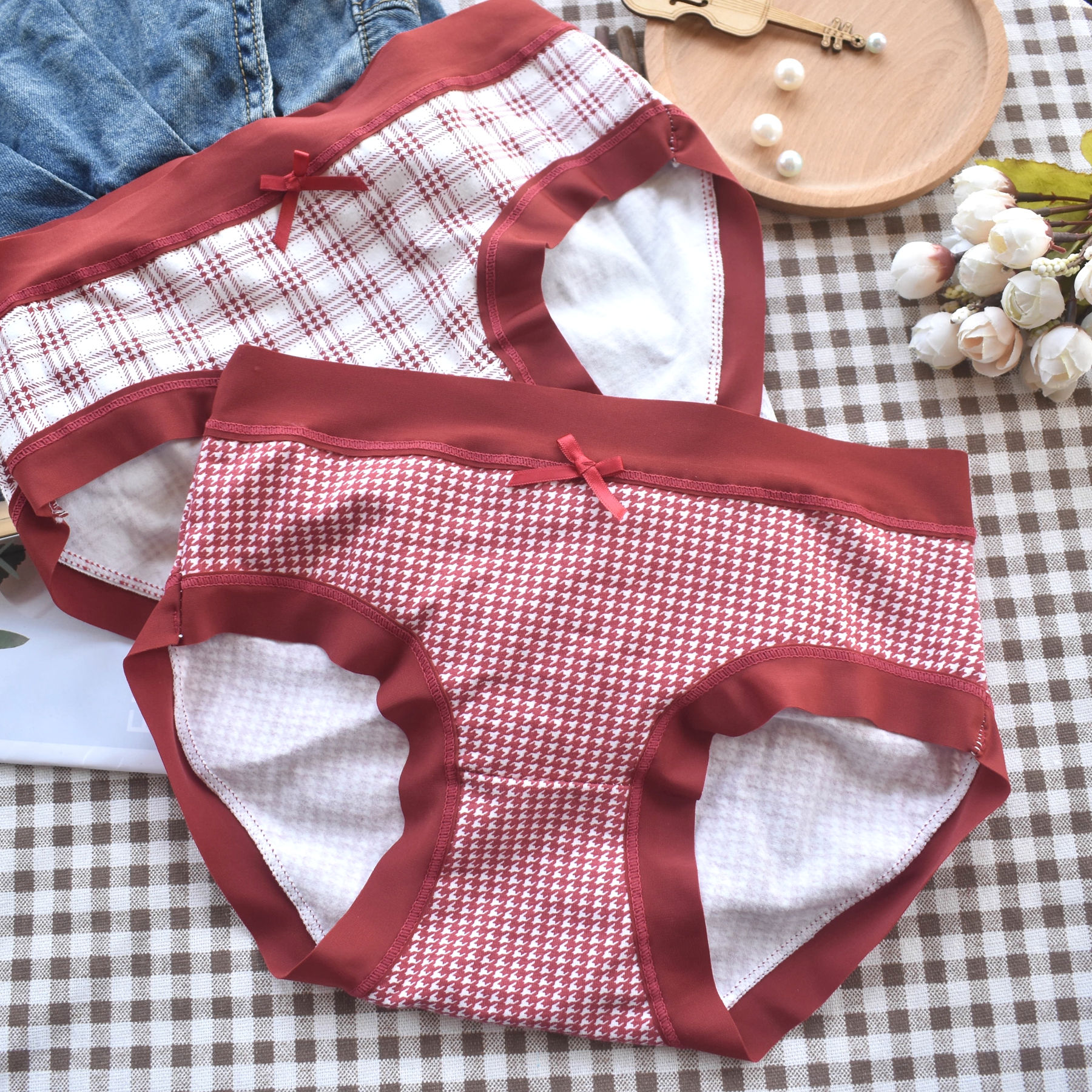 格子小调 红色格子内裤女安哥拉红舒适纯棉三角裤新婚本命年女生