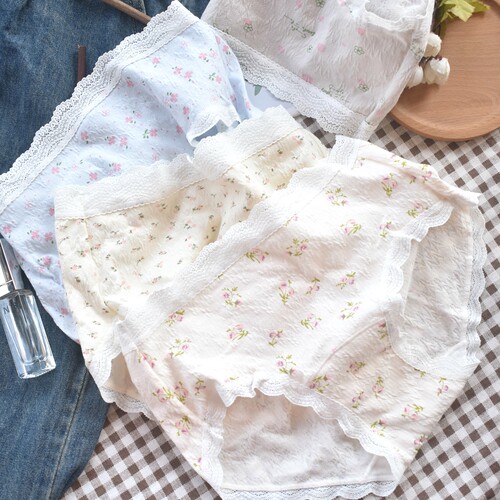 与花时 日系甜美风加长裆碎花蕾丝边纯棉女生内裤舒适少女三角裤