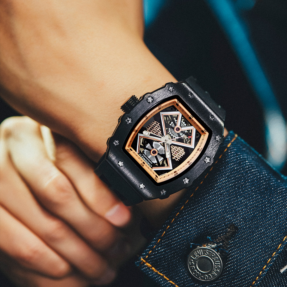 香港lawrenceli理查酒桶形机械手表男士生个性镂空夜光潮流运动