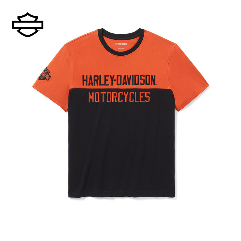 哈雷戴维森男士T恤 经典橙拼色短袖简约文化衫摩托车骑行打底衫