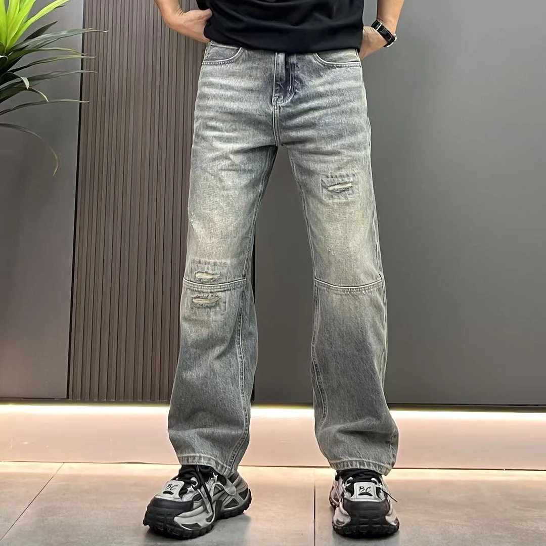 春秋膝盖拼接假破洞补丁窄版直筒个性牛仔裤潮流时尚百搭痞帅男士