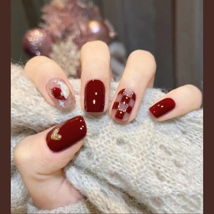 手工穿戴甲 枣红甜心 敲显白棋盘格爱心秋冬气质美甲