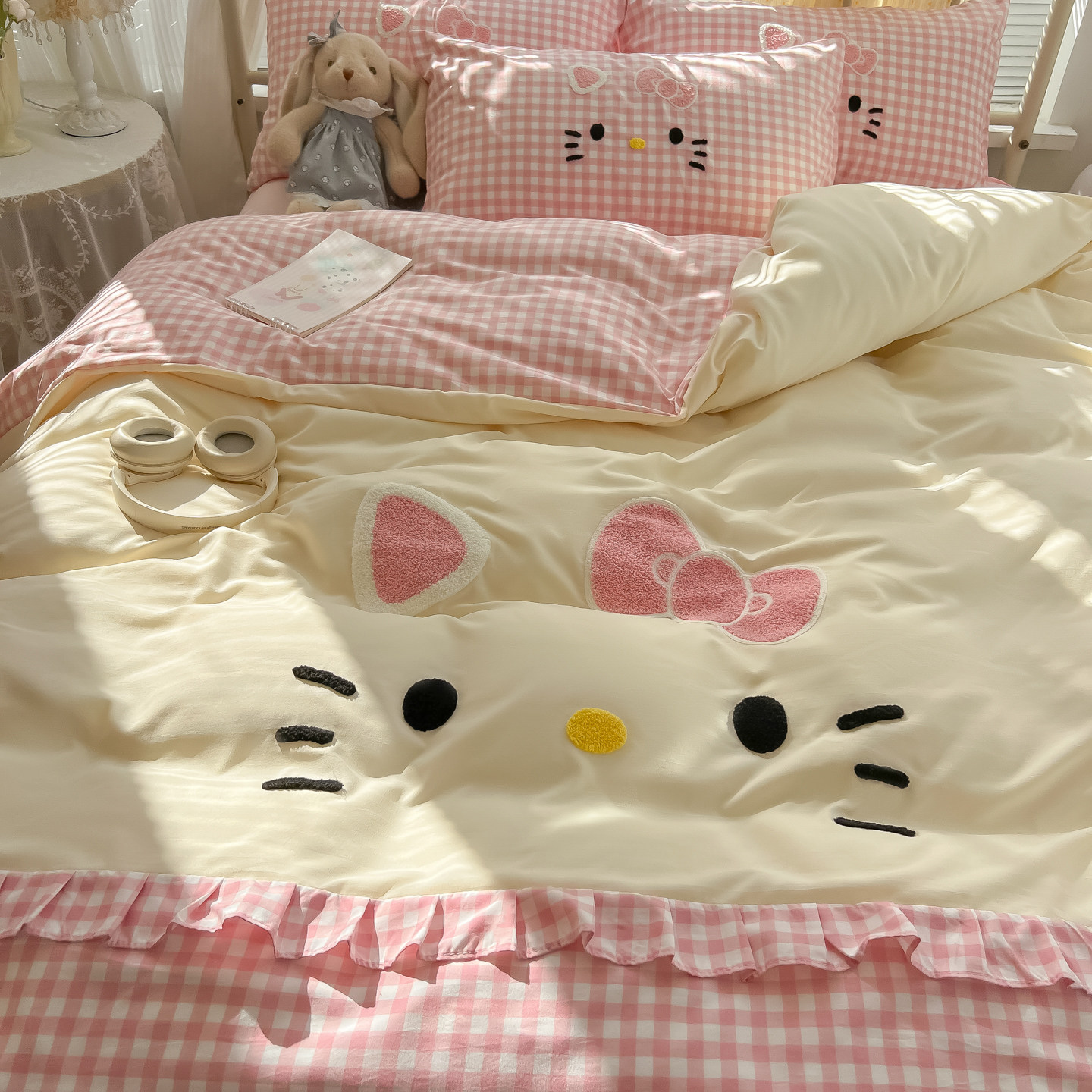 kitty猫咪全棉水洗棉花边四件套纯棉床单被套宿舍三件套床上用品