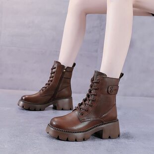 康莉品牌真皮马丁靴女秋冬新款英伦风复古靴子加绒增高软底短